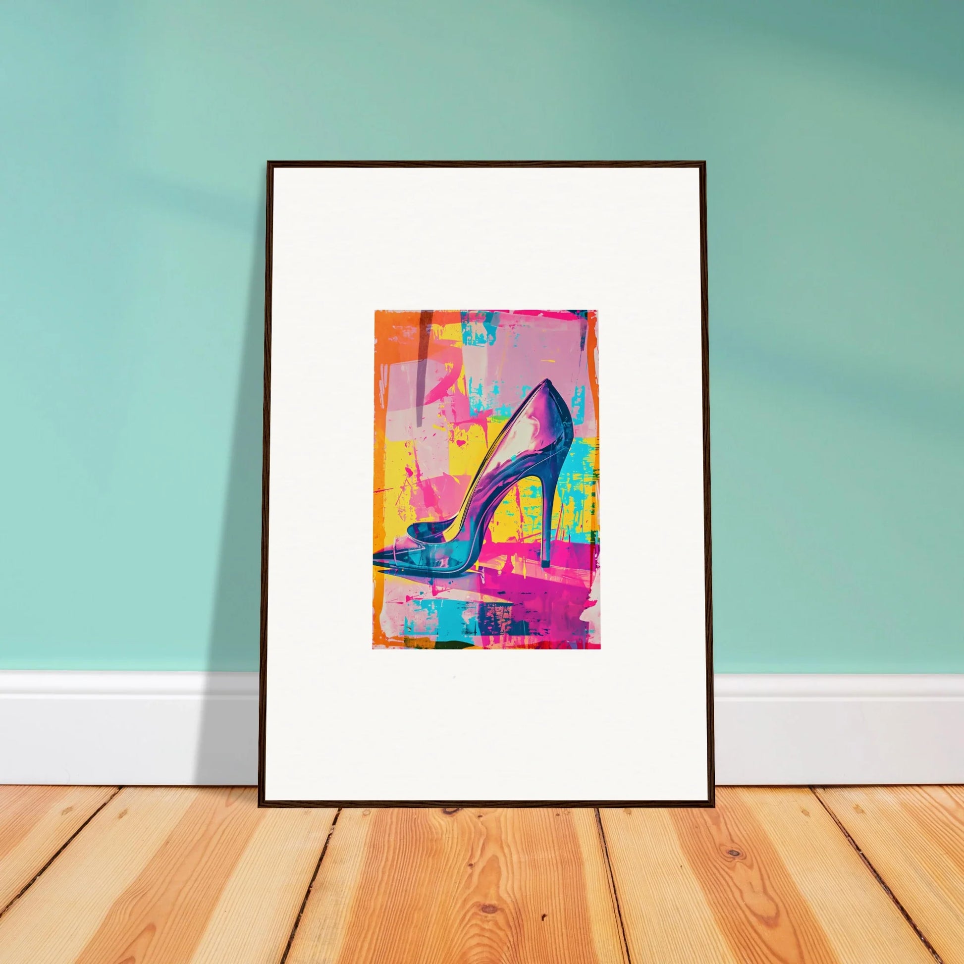 Framed colorful pop art print of a high-heeled shoe for stylish room decor