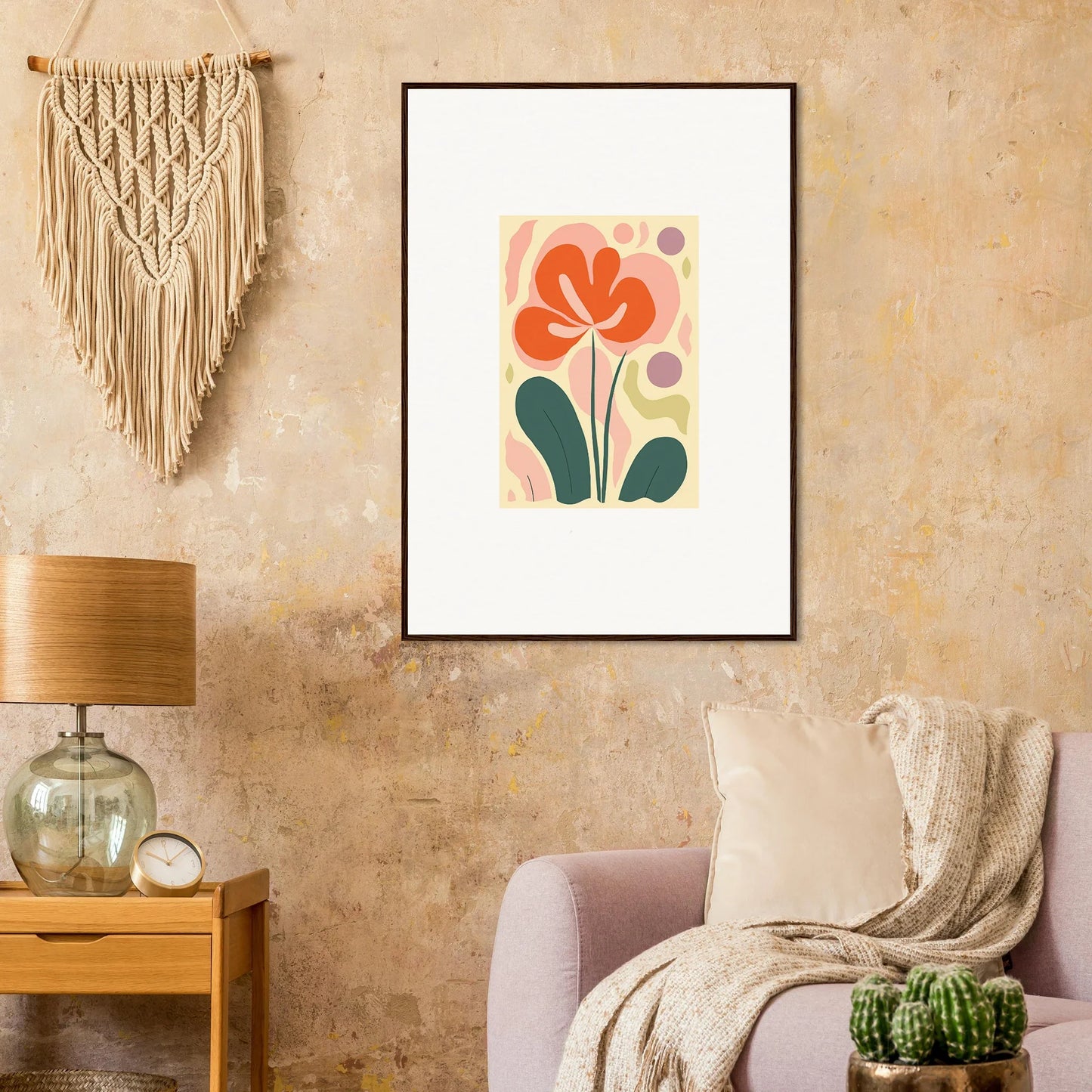 Framed abstract floral canvas print of an orange flower for fun room decoration