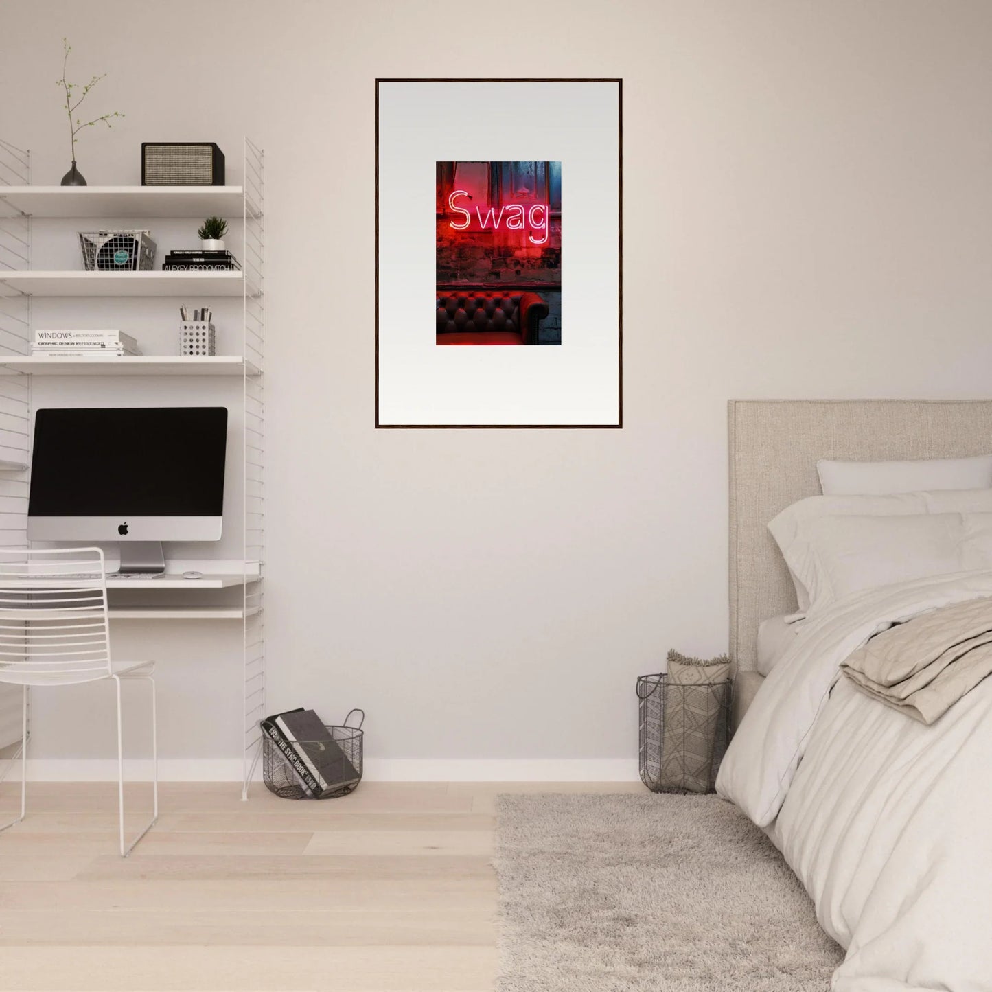 Framed canvas print of a neon Swag sign, perfect for cool room decoration