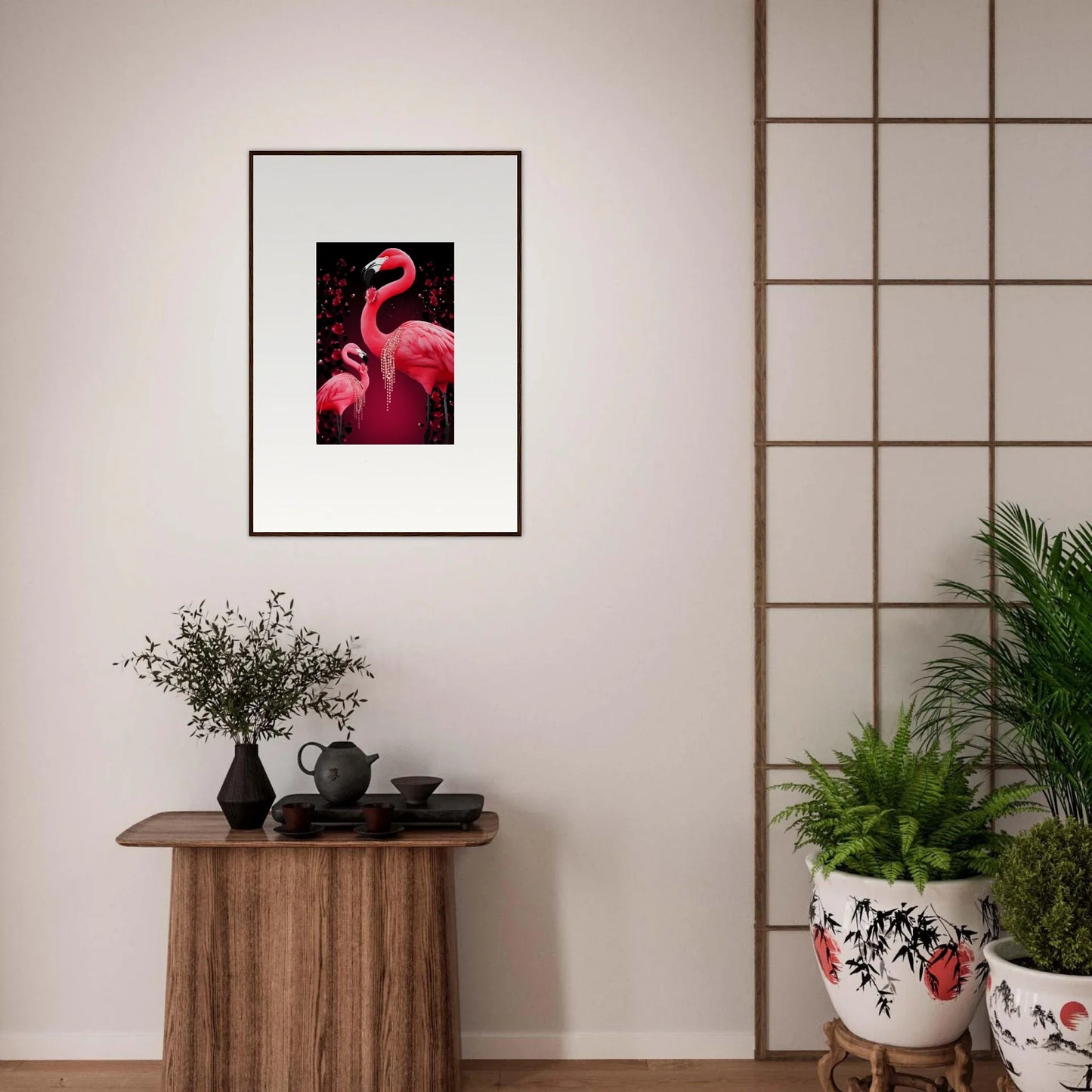 Framed wall art of a pink flamingo perfect for stylish room decoration