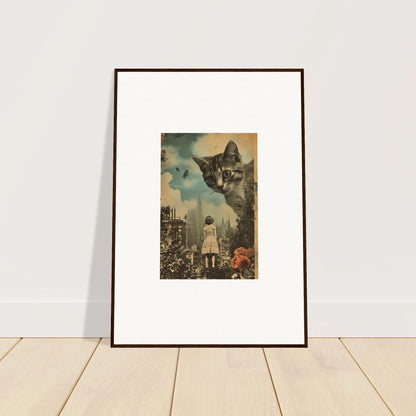 Framed surreal collage wall art with a giant cat and small girl for unique room decoration