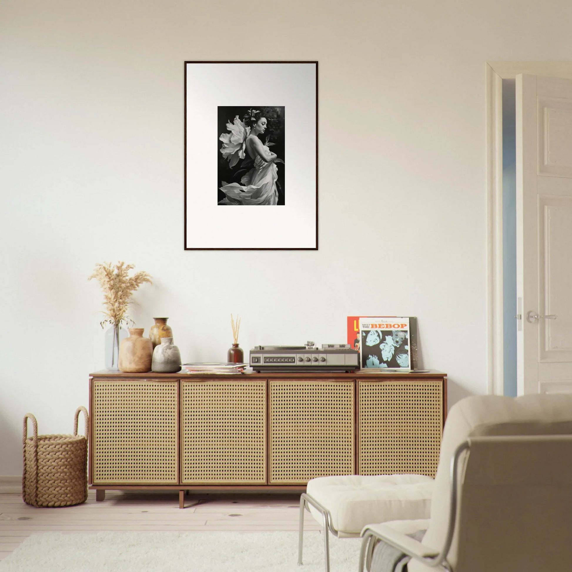 Wooden sideboard with cane-webbed doors, perfect for your Morning Duet Chrysalis room decoration