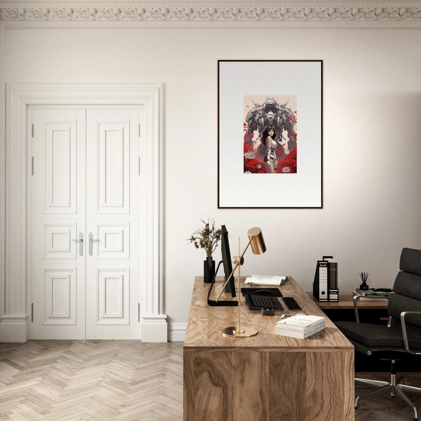 Cozy home office with poppy lucidity artwork and vintage typewriter on a wooden desk