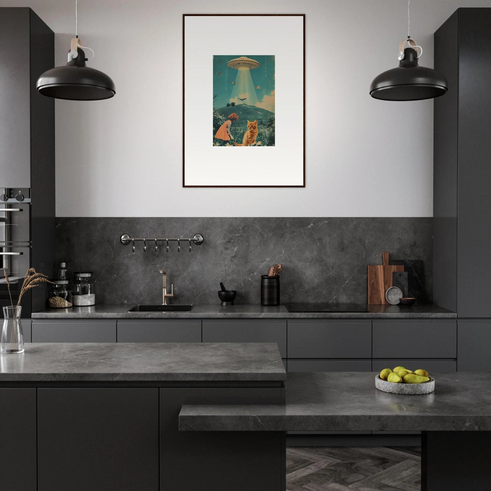 Modern kitchen with dark cabinets and a cool Thought Meadows canvas print for room decoration