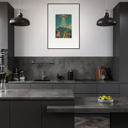 Modern kitchen with dark cabinets and a cool Thought Meadows canvas print for room decoration