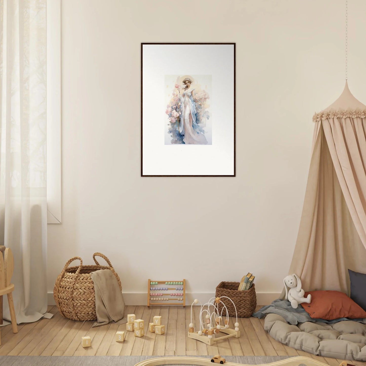 Framed watercolor painting of a figure in flowing attire, perfect for Blossom Serenade room decoration