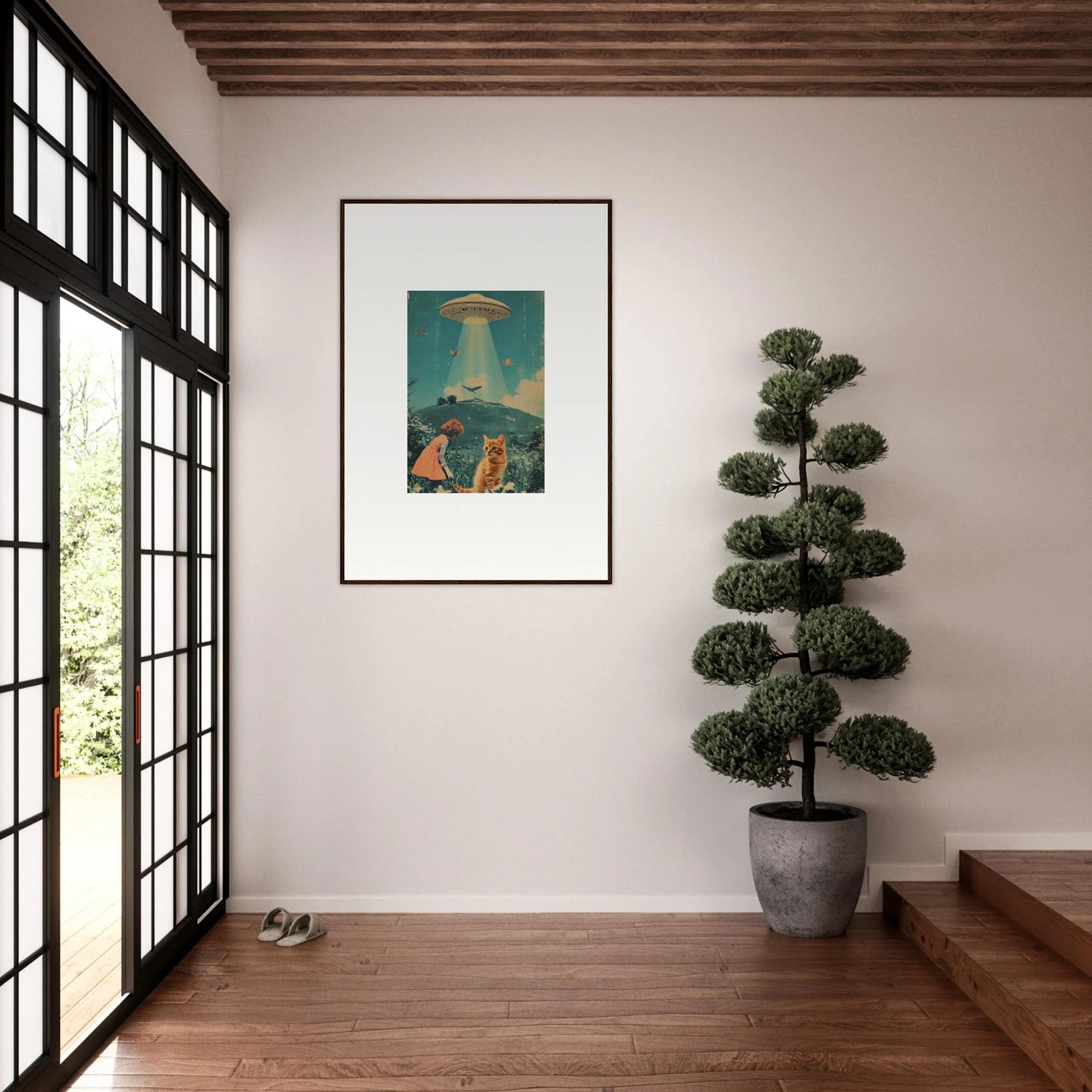 Framed canvas print of a UFO over figures in Thought Meadows for cool room decoration