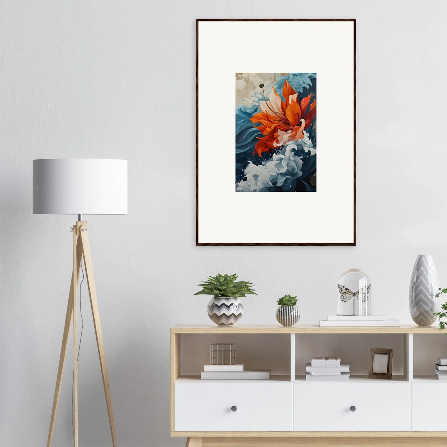 Framed abstract canvas print of vibrant orange and blue patterns for your Petal Odyssey room decoration