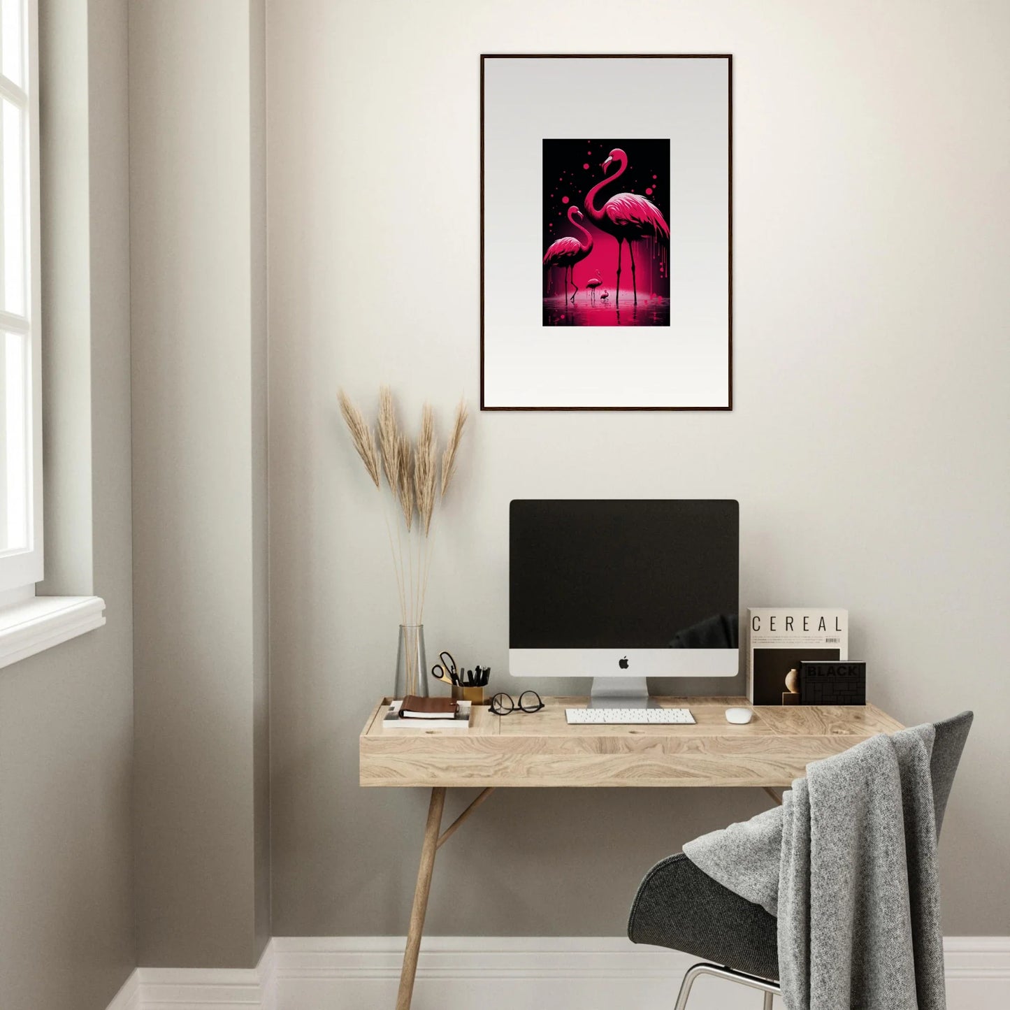 Framed canvas print of pink flamingos for vibrant room decoration with feather wanderers