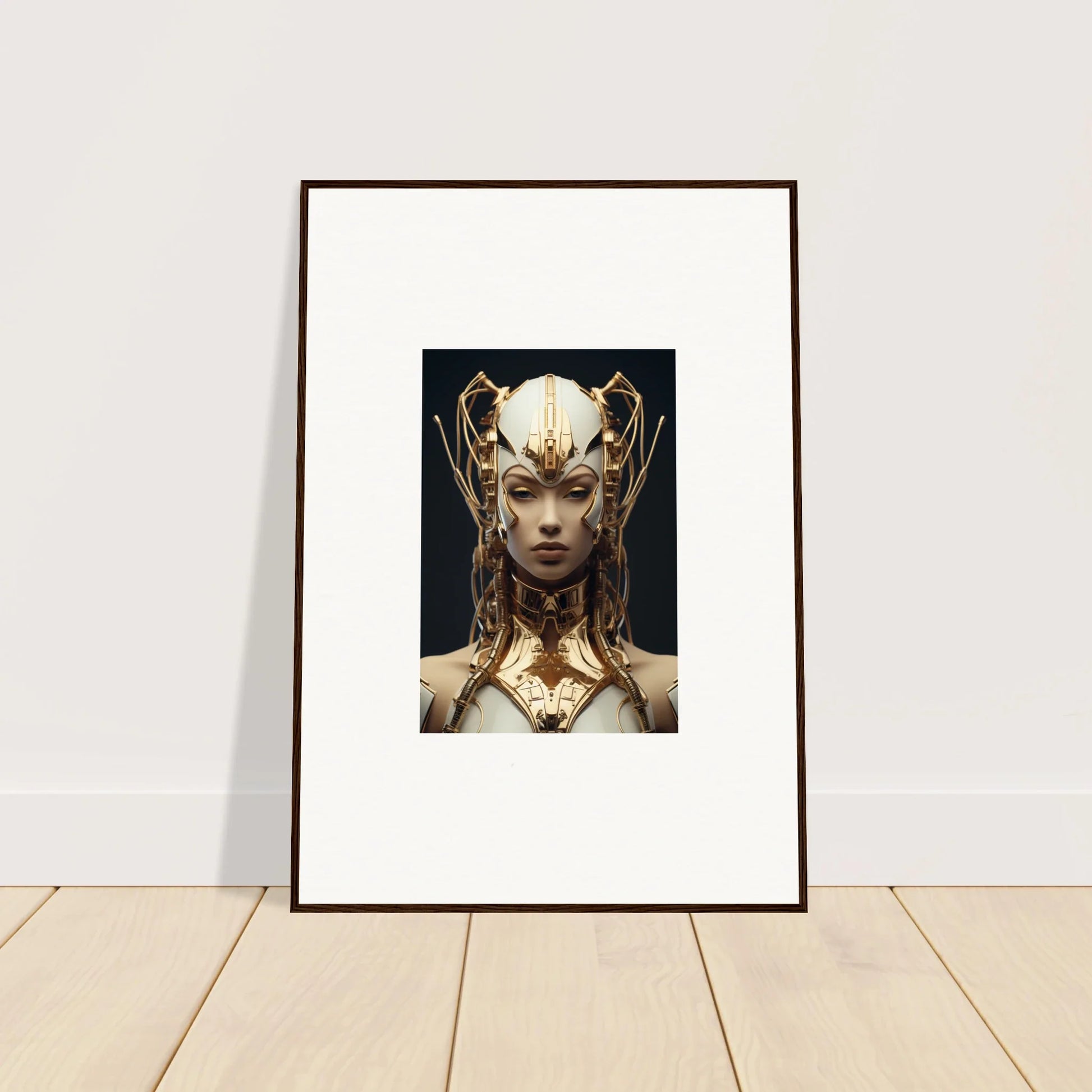 Framed canvas print of Future Echoes Muse with a stunning golden headdress for room decoration