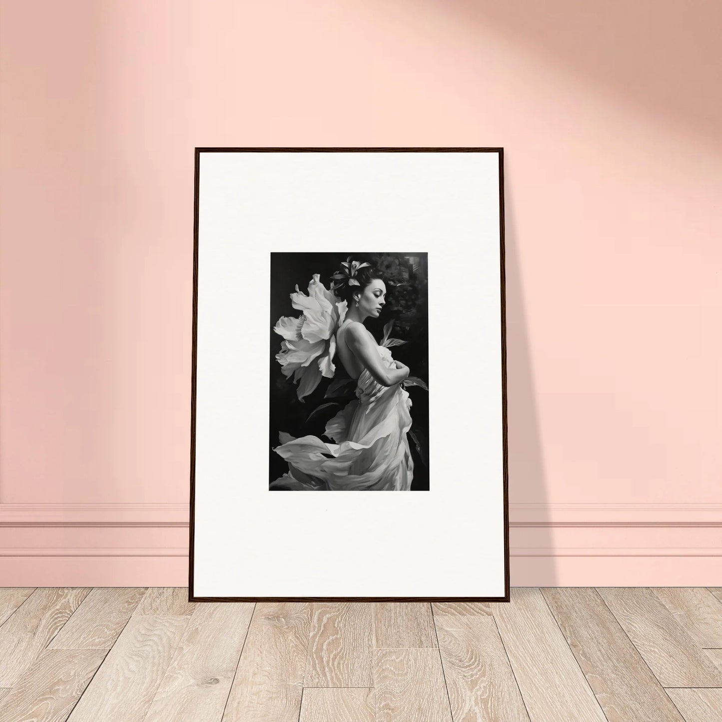 Framed black and white canvas print of a person in flowing fabric for room decoration