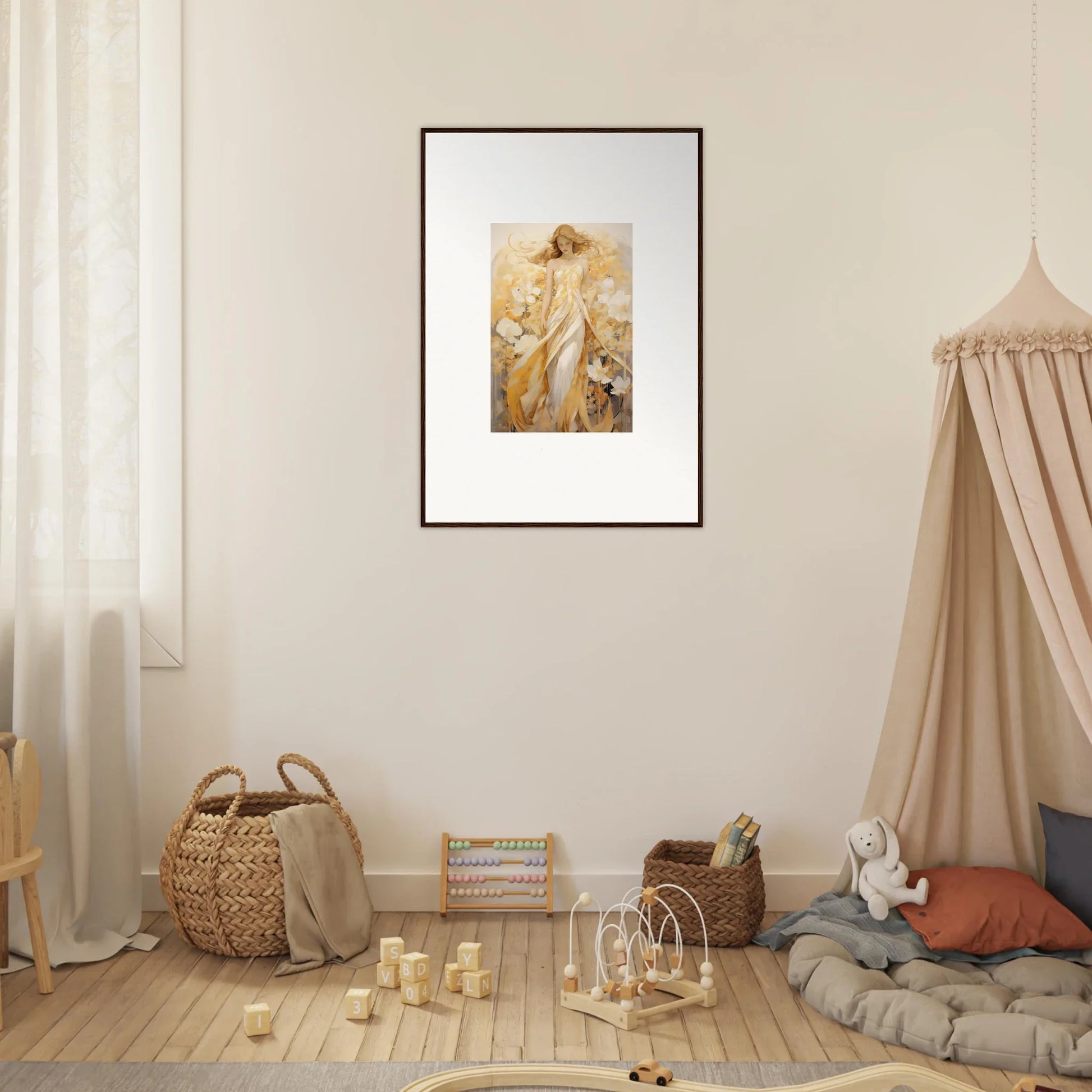 Framed canvas print of a woman in a flowing dress with whispering petals for room decoration