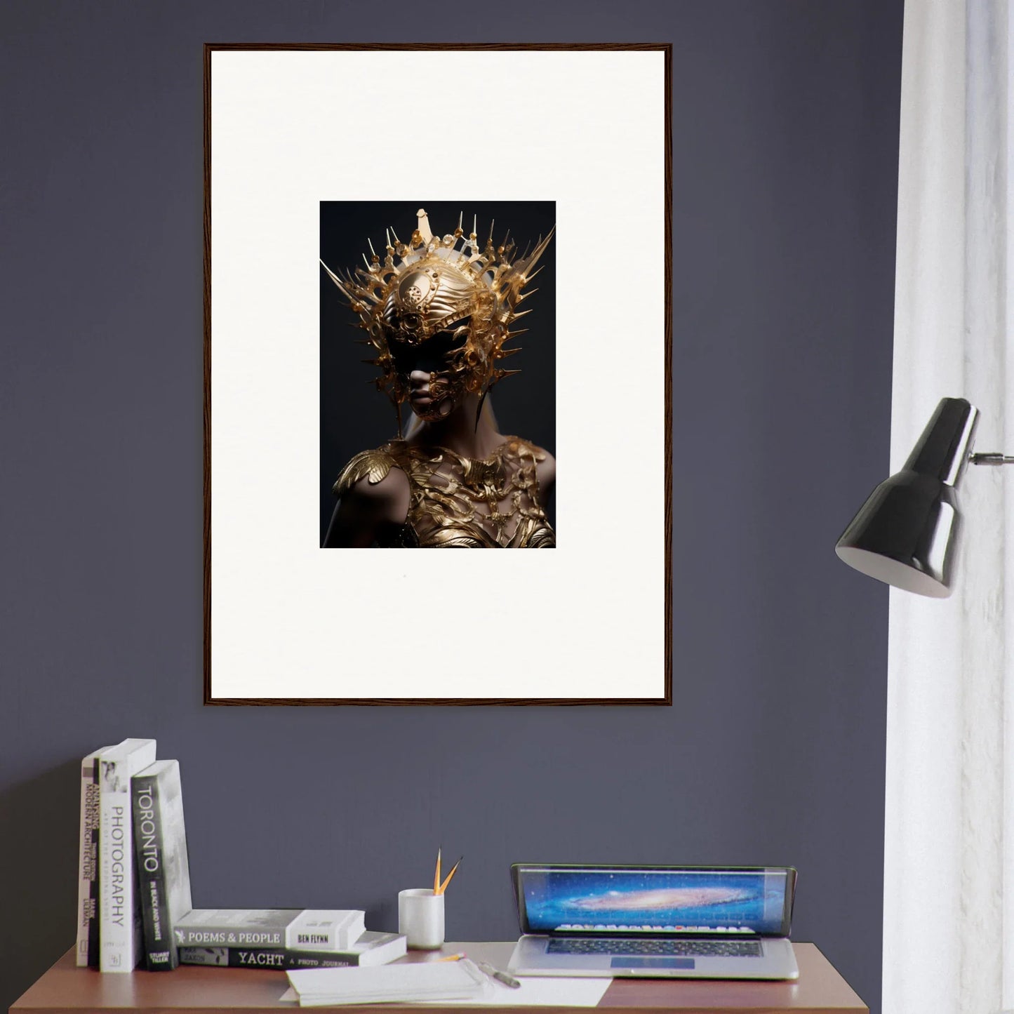 Surreal golden humanoid art with crown, perfect for vintage bloom room decoration