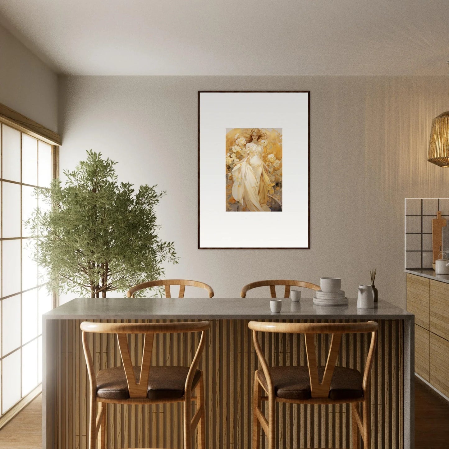 Dining table with wooden chairs and potted olive tree for stylish room decoration