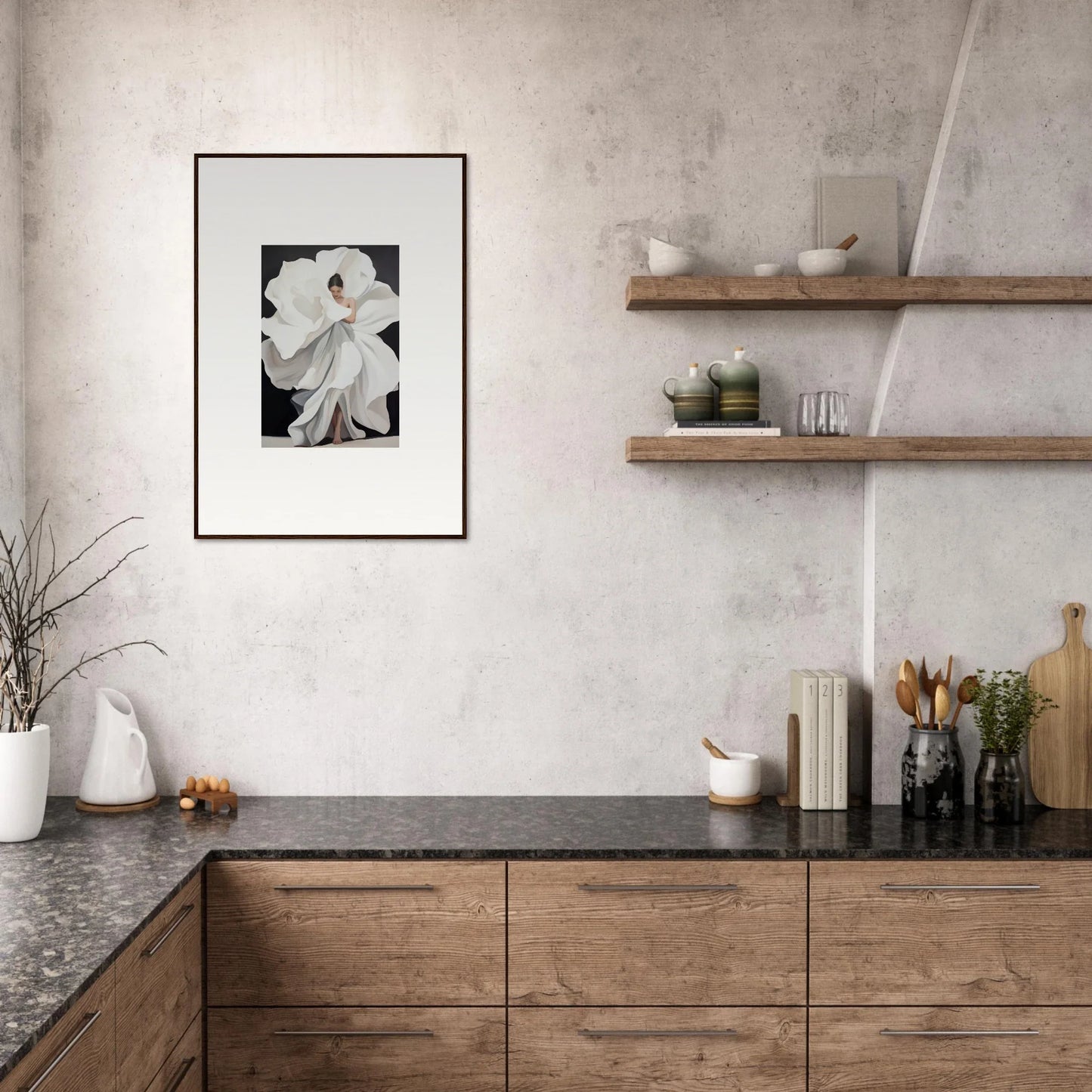 Modern kitchen with wooden cabinetry, dark countertops, and Ethereal Petal Whispers canvas print