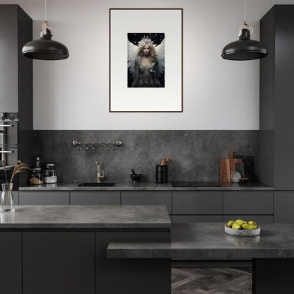 Modern dark gray kitchen featuring a dog portrait canvas print for stylish room decoration