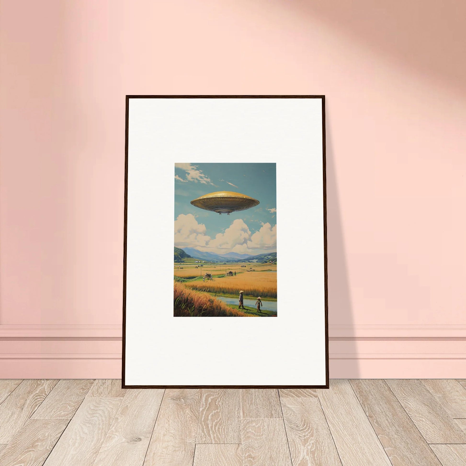 Framed canvas print of a UFO in a rural landscape, perfect for room decoration