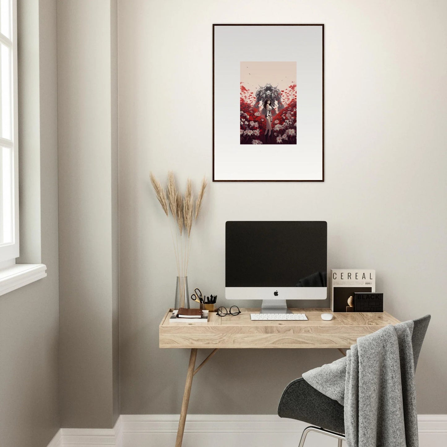 Minimalist home office with wooden desk, computer, and Boundary Whimsy canvas print