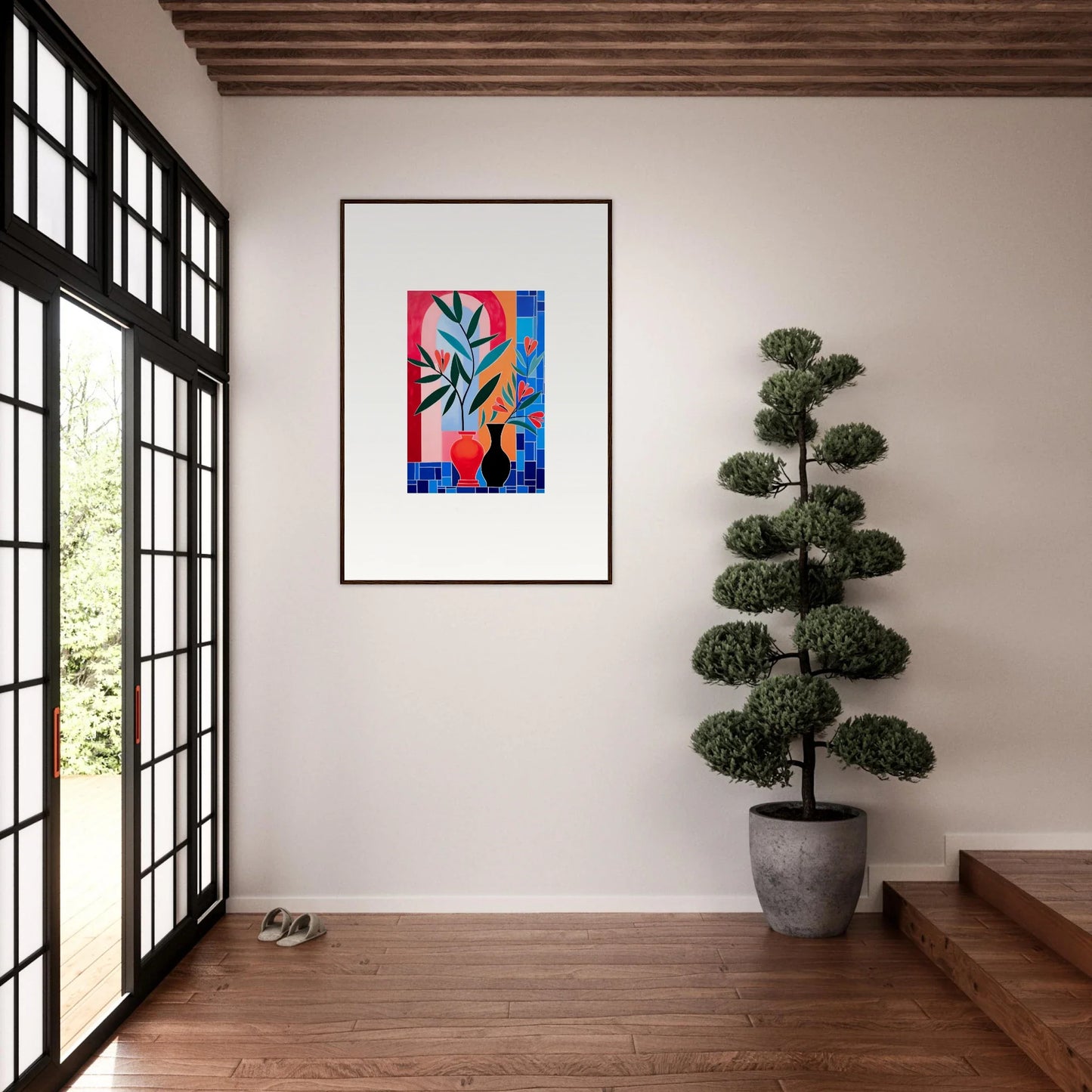 Framed wall art of Ecstatic Ceramic Blooms with vibrant red and blue geometric shapes