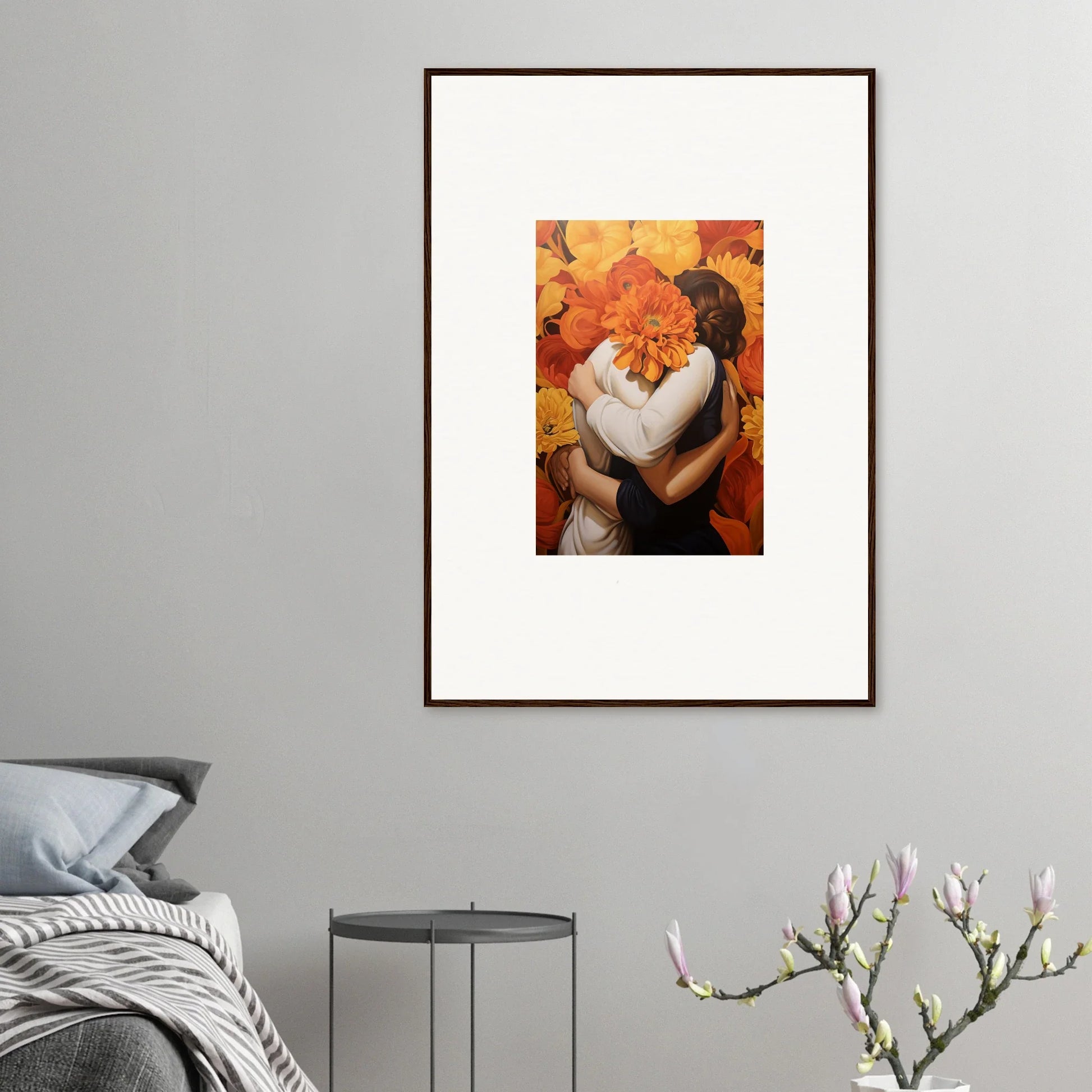 Framed canvas print of Euphoria Embrace set against warm flowers for cozy room decoration