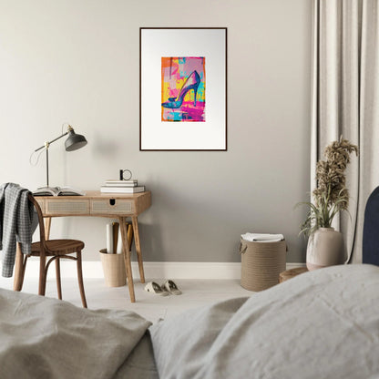 Colorful abstract painting of a high-heeled shoe as framed wall art for unique room decor