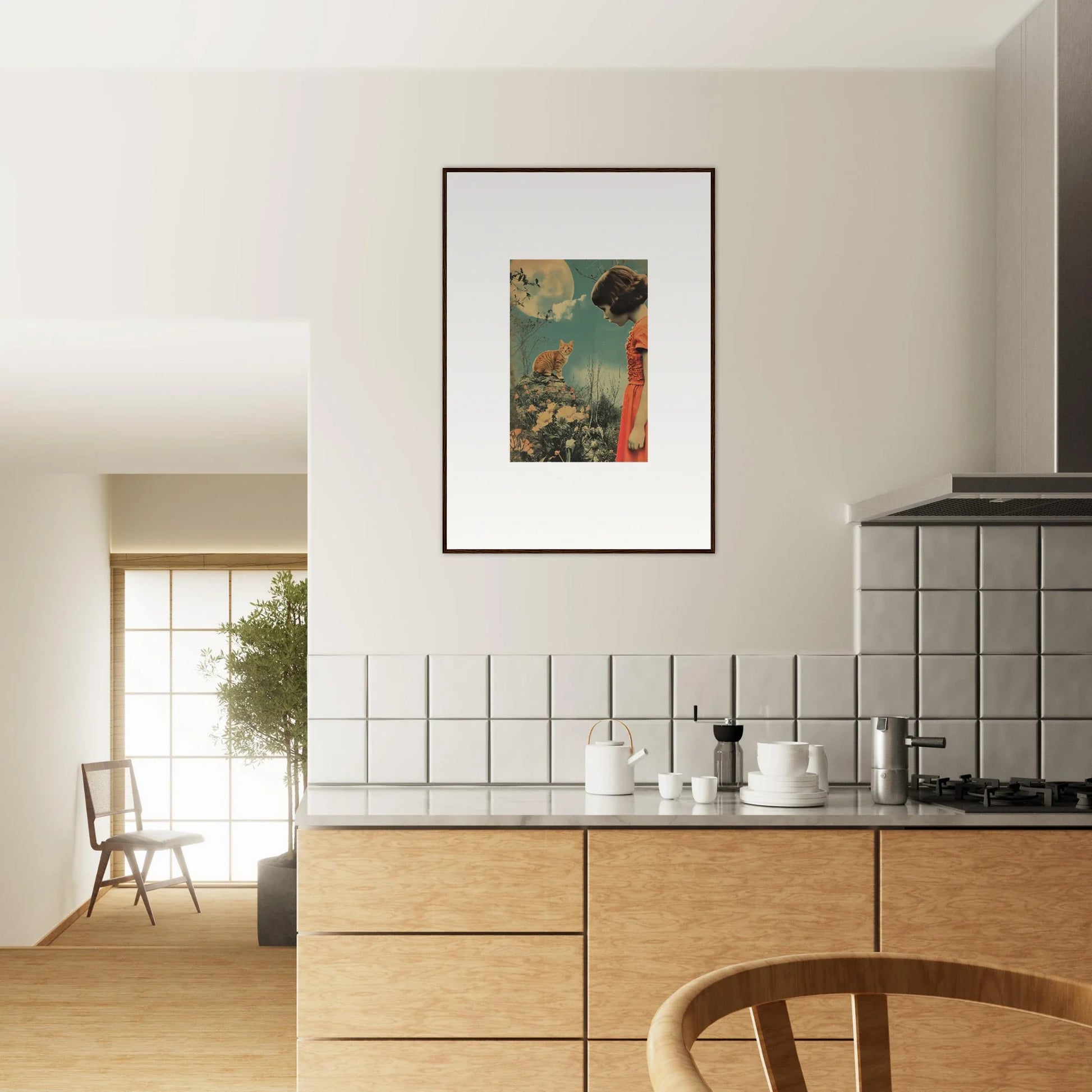 Framed Moonlit Flora Reverie canvas print above a kitchen counter for stylish room decoration