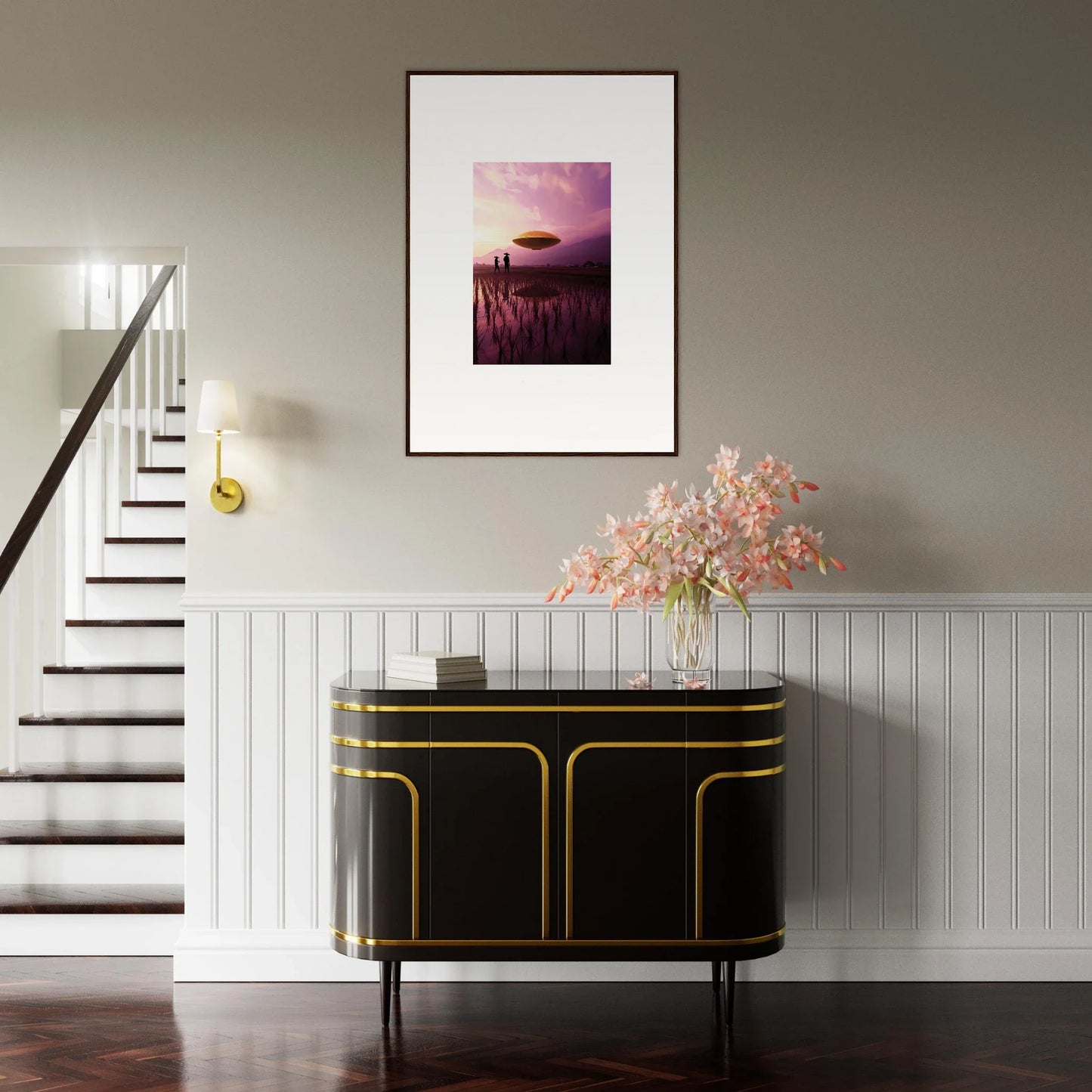 Elegant black sideboard with gold trim, perfect for violet dreaming room decoration