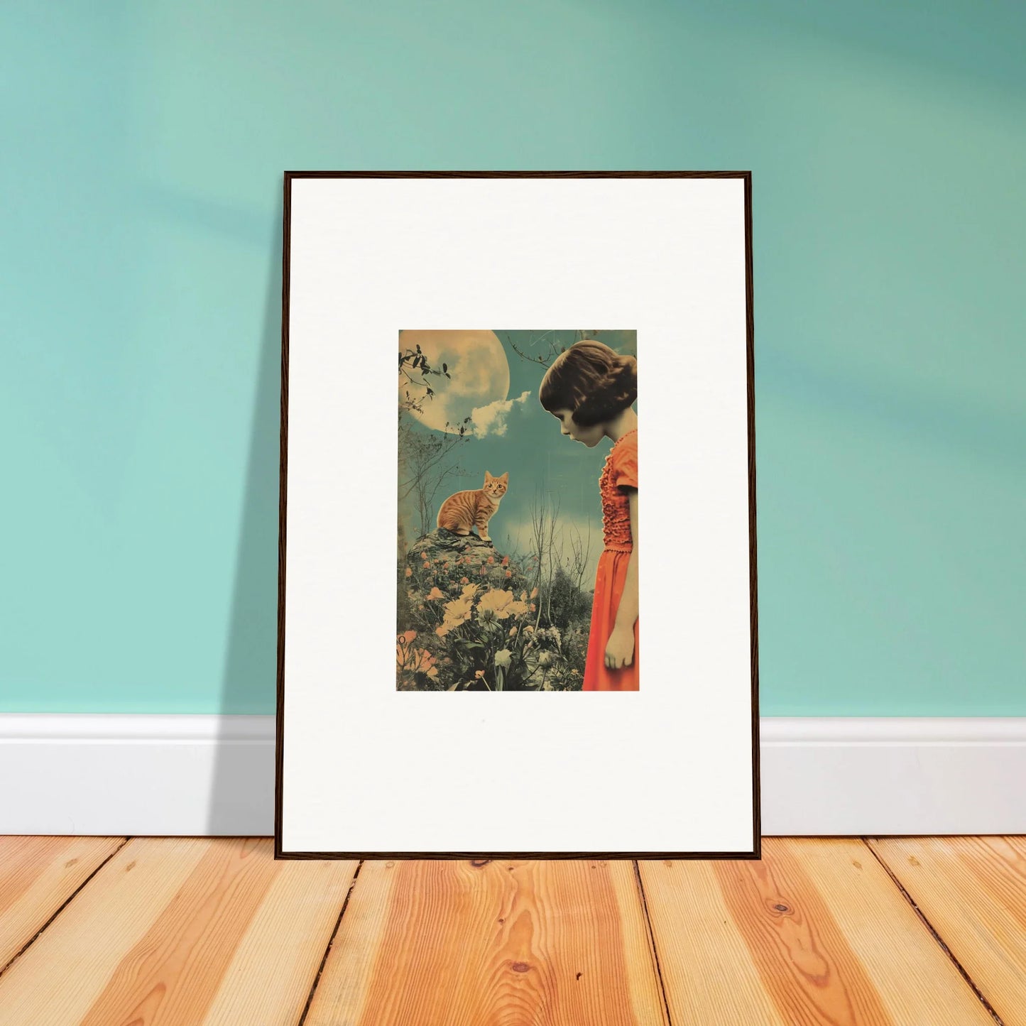 Framed vintage-style canvas print of whimsy reverie with a woman and fox in nature