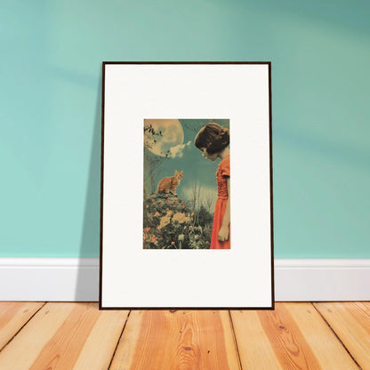 Framed vintage-style canvas print of whimsy reverie with a woman and fox in nature