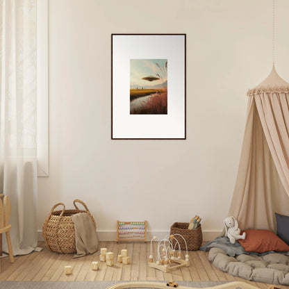 Framed wall art of sunset over water with reeds, perfect for Meadow Raindancers room decor