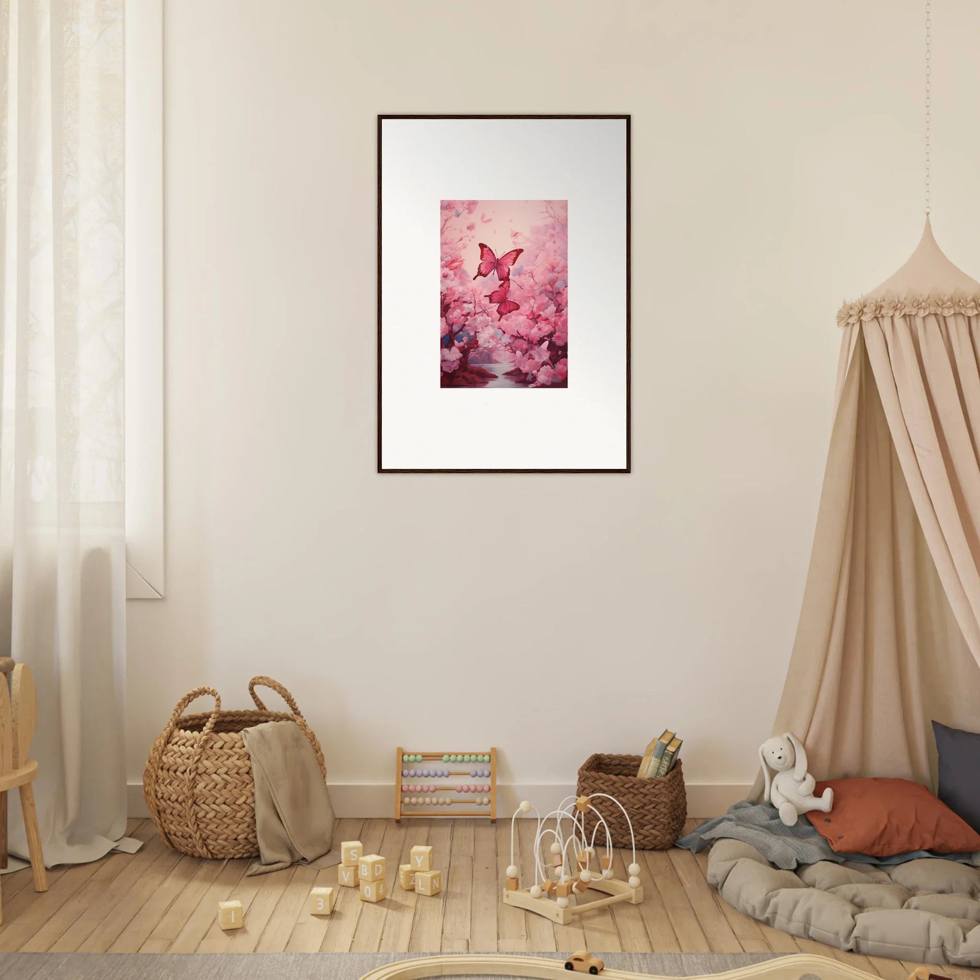 Framed canvas print of a pink butterfly in cherry blossoms for spring euphoria room decoration