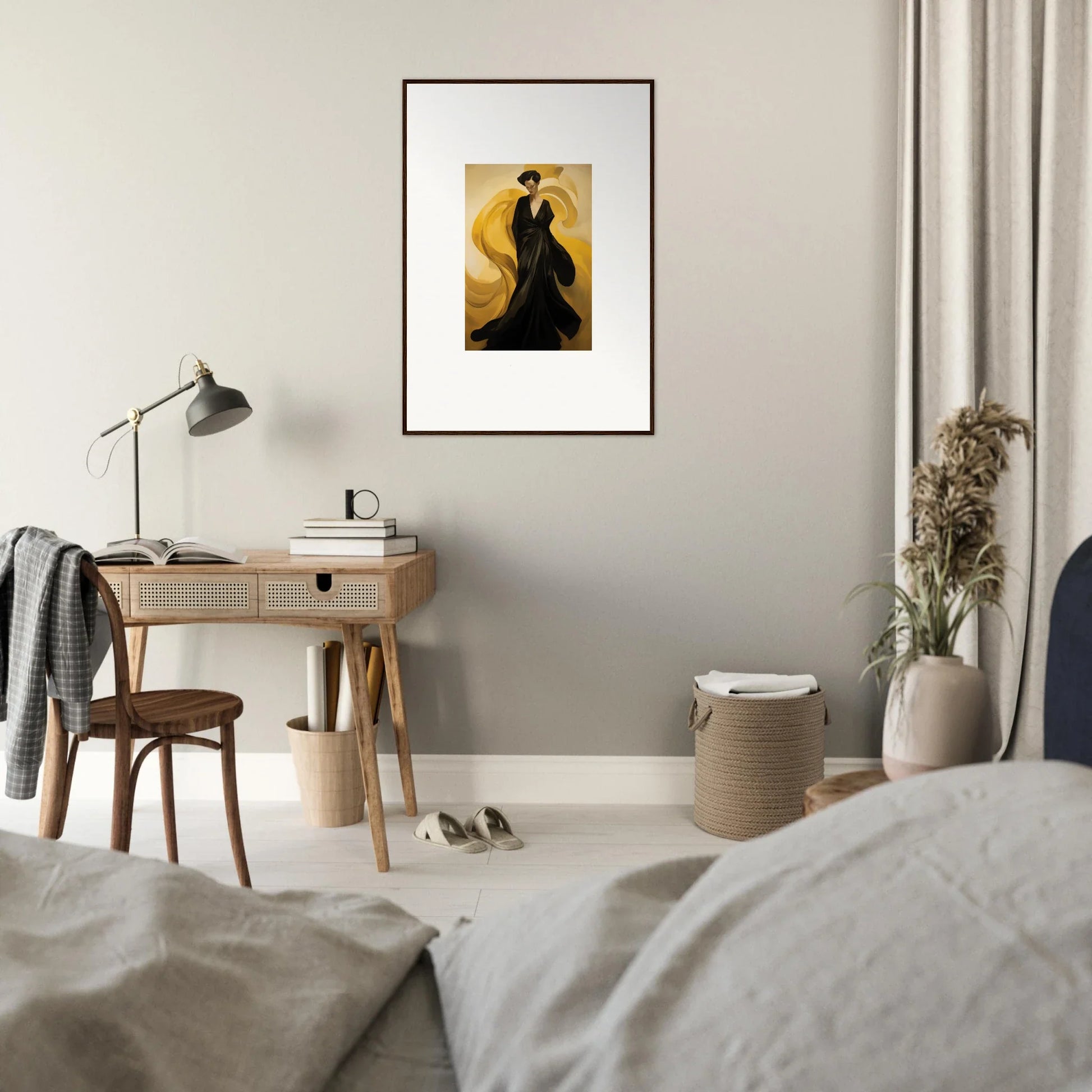 Framed canvas print of a silhouetted figure with sun waves on a yellow background