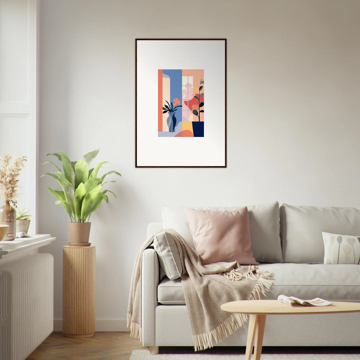 Framed canvas print of Echoic Flower Emblaze with pastel geometric shapes and hand silhouette