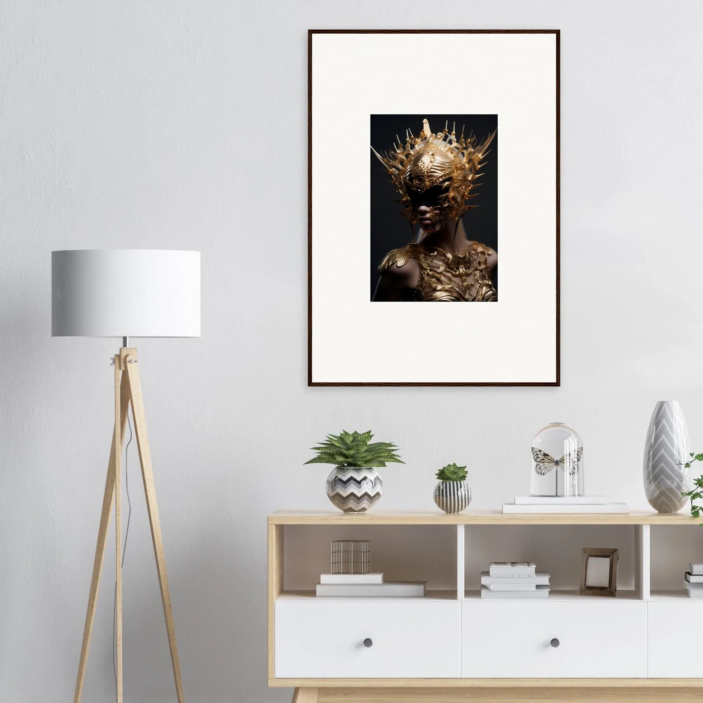 Framed canvas print of vintage bloom art with a figure in a golden headdress