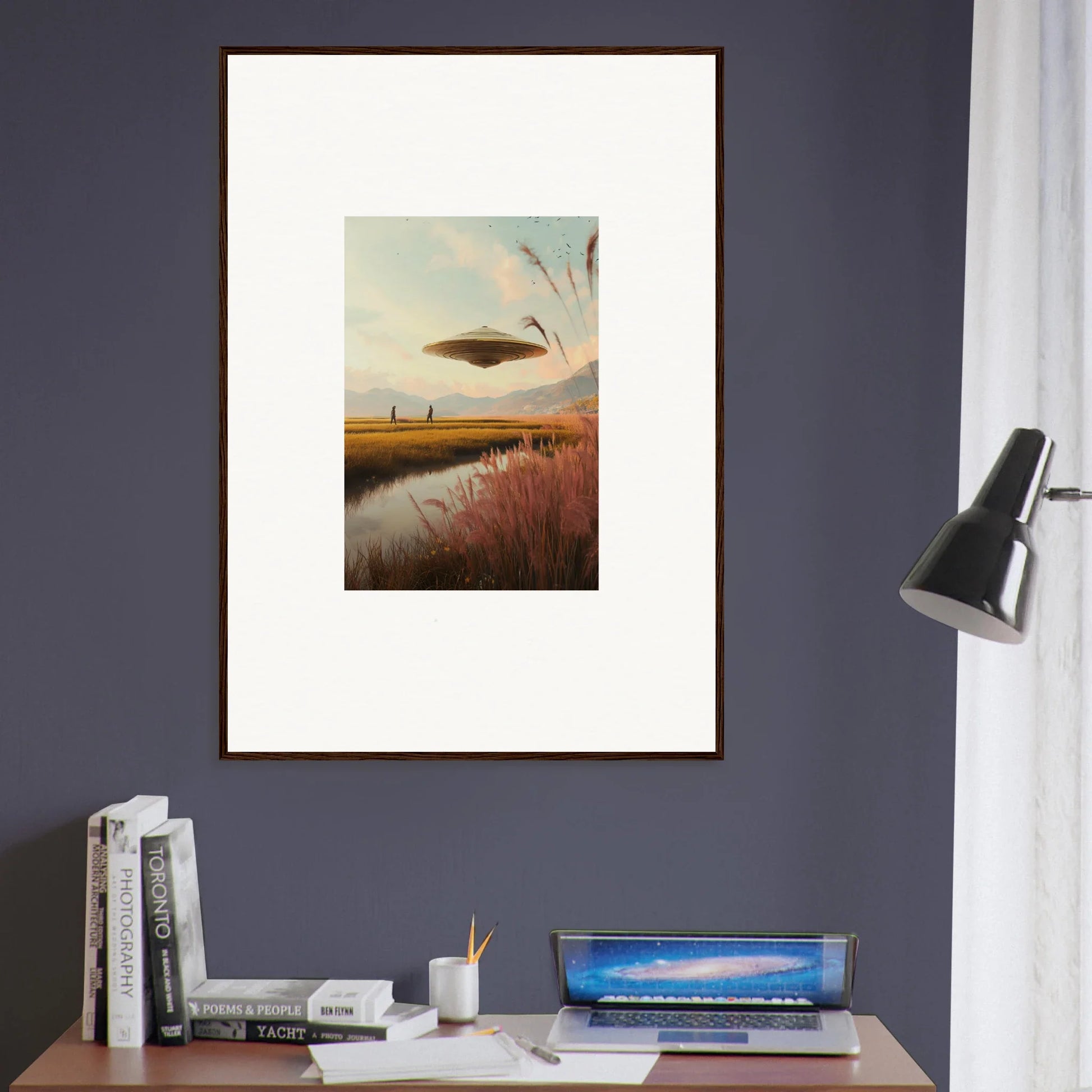 Framed wall art of serene wetland at sunset for elegant room decor featuring Meadow Raindancers