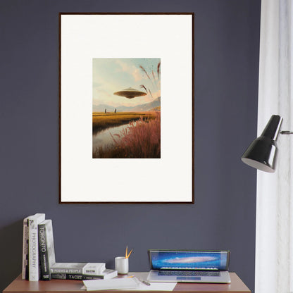 Framed wall art of serene wetland at sunset for elegant room decor featuring Meadow Raindancers