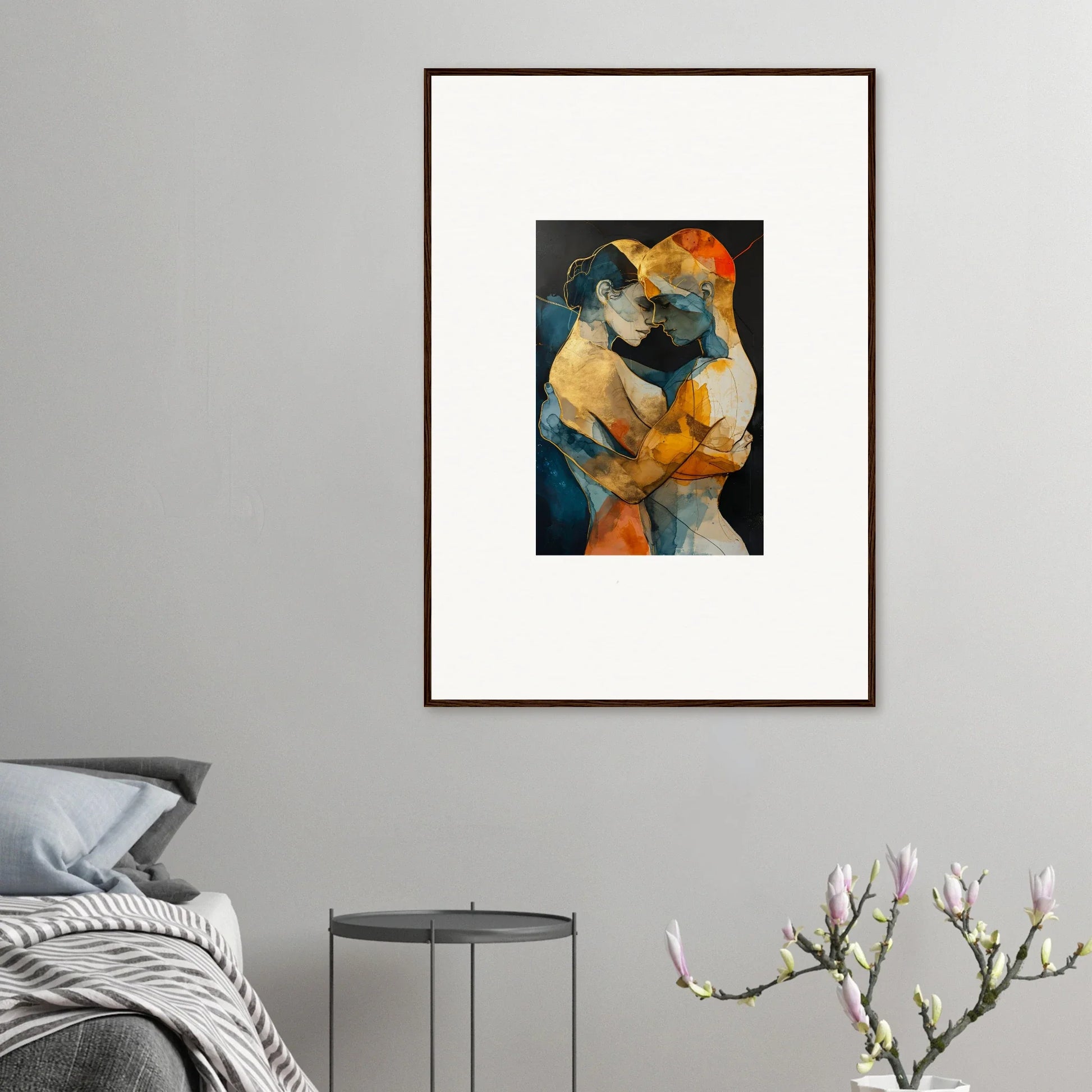 Framed abstract painting of embracing figures, perfect canvas print for psyche harmonies room decoration