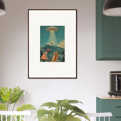 Framed retro canvas print of a UFO abducting cows, perfect for unique room decoration