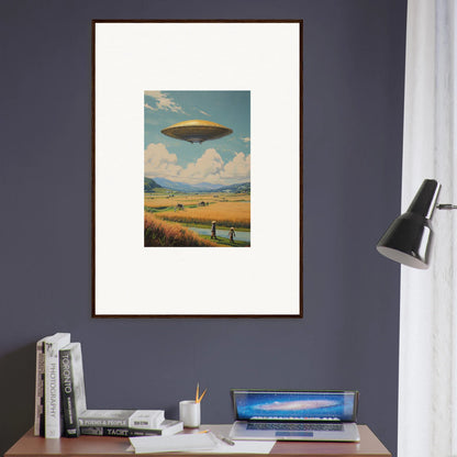 Framed canvas print of a UFO hover query over a rural scene for cool room decoration