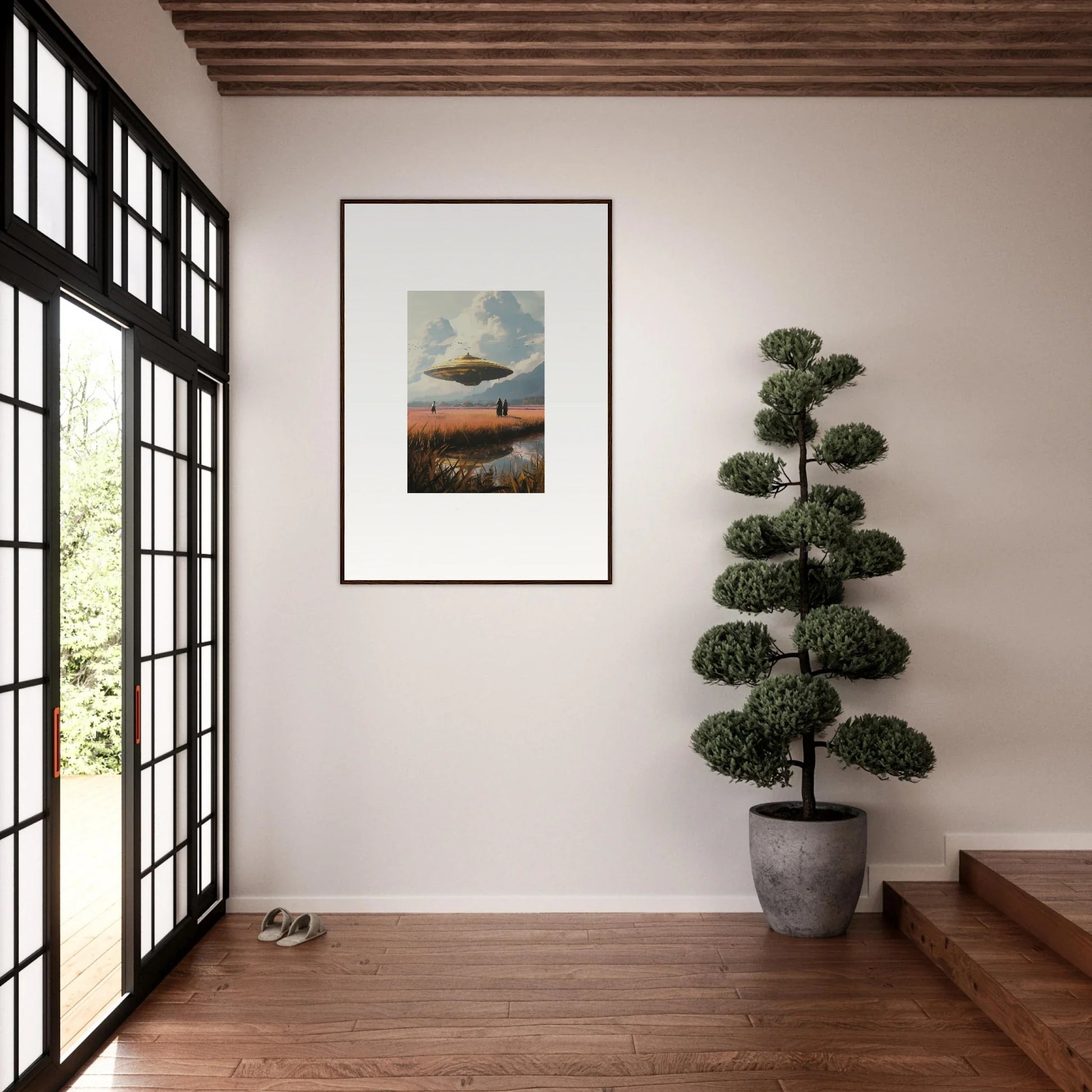 Surrealist canvas print of UFO over a landscape, perfect for room decoration with drifting suns