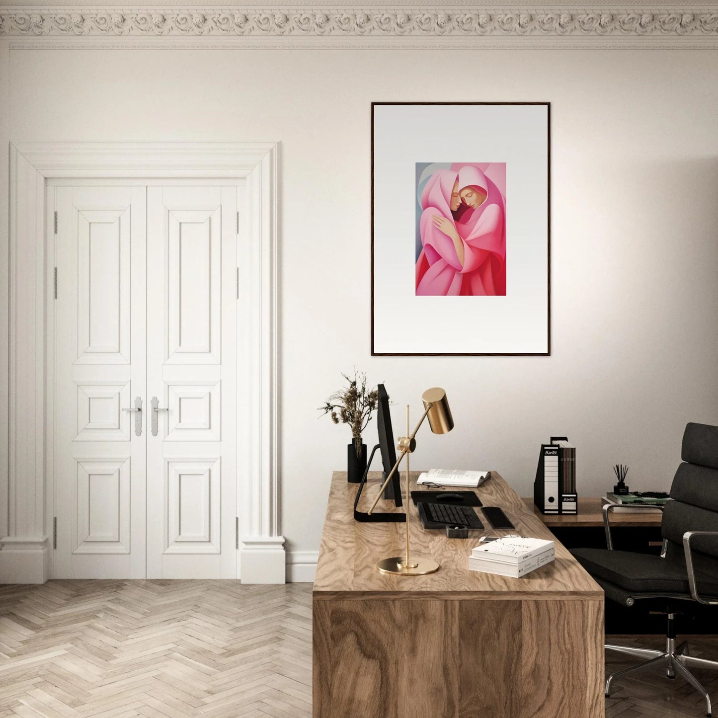 Elegant home office with wooden desk and floral canvas print for stylish room decoration