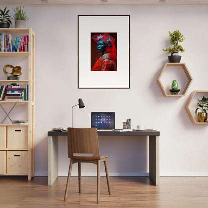 Modern home office with velvet botanicals decor and stylish canvas print on wall