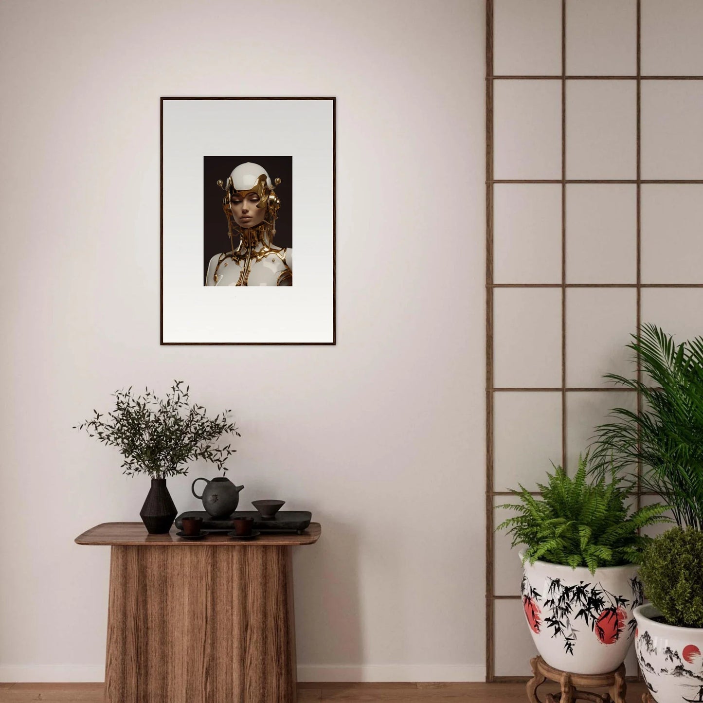 Framed portrait of a person in ornate jewelry, perfect for wall art and room decoration