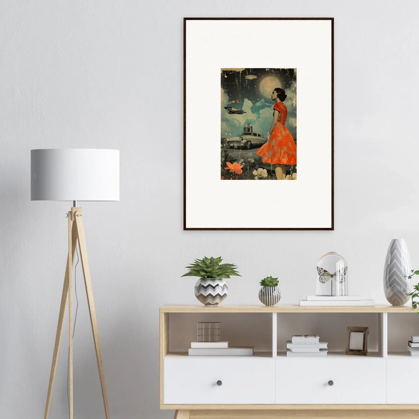 Framed canvas print of a woman in an orange dress in a retro bloom scene for room decoration