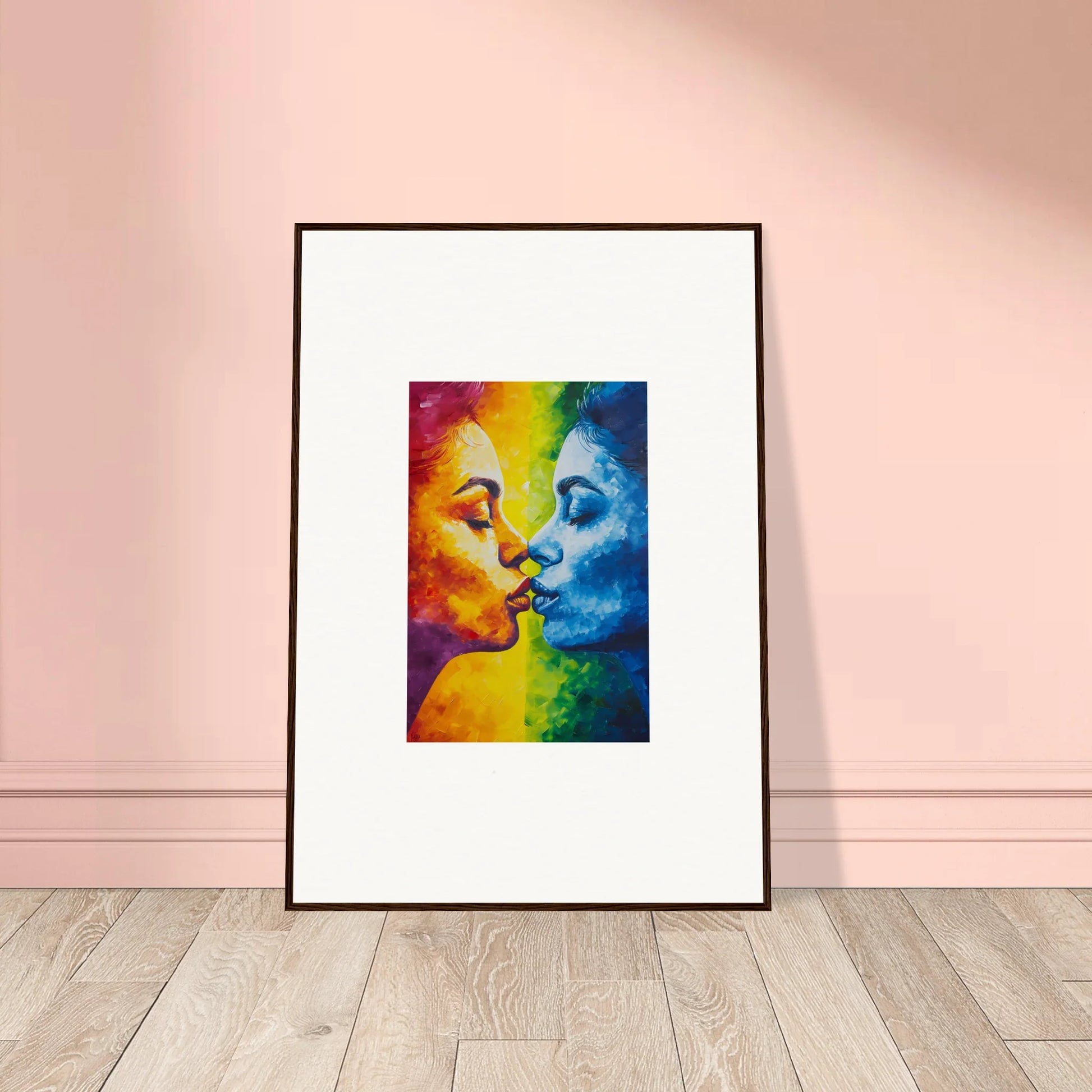 Framed canvas print of colorful faces in a serenity kiss for stylish room decoration