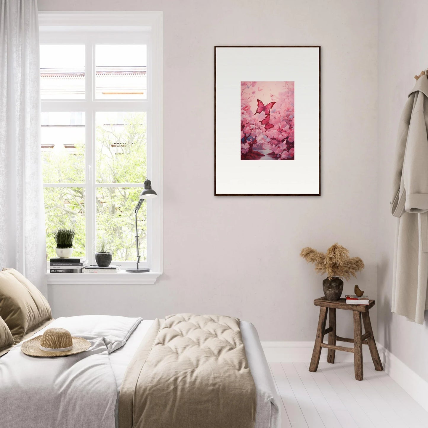 Framed canvas print of a pink butterfly on cherry blossoms for spring euphoria room decoration