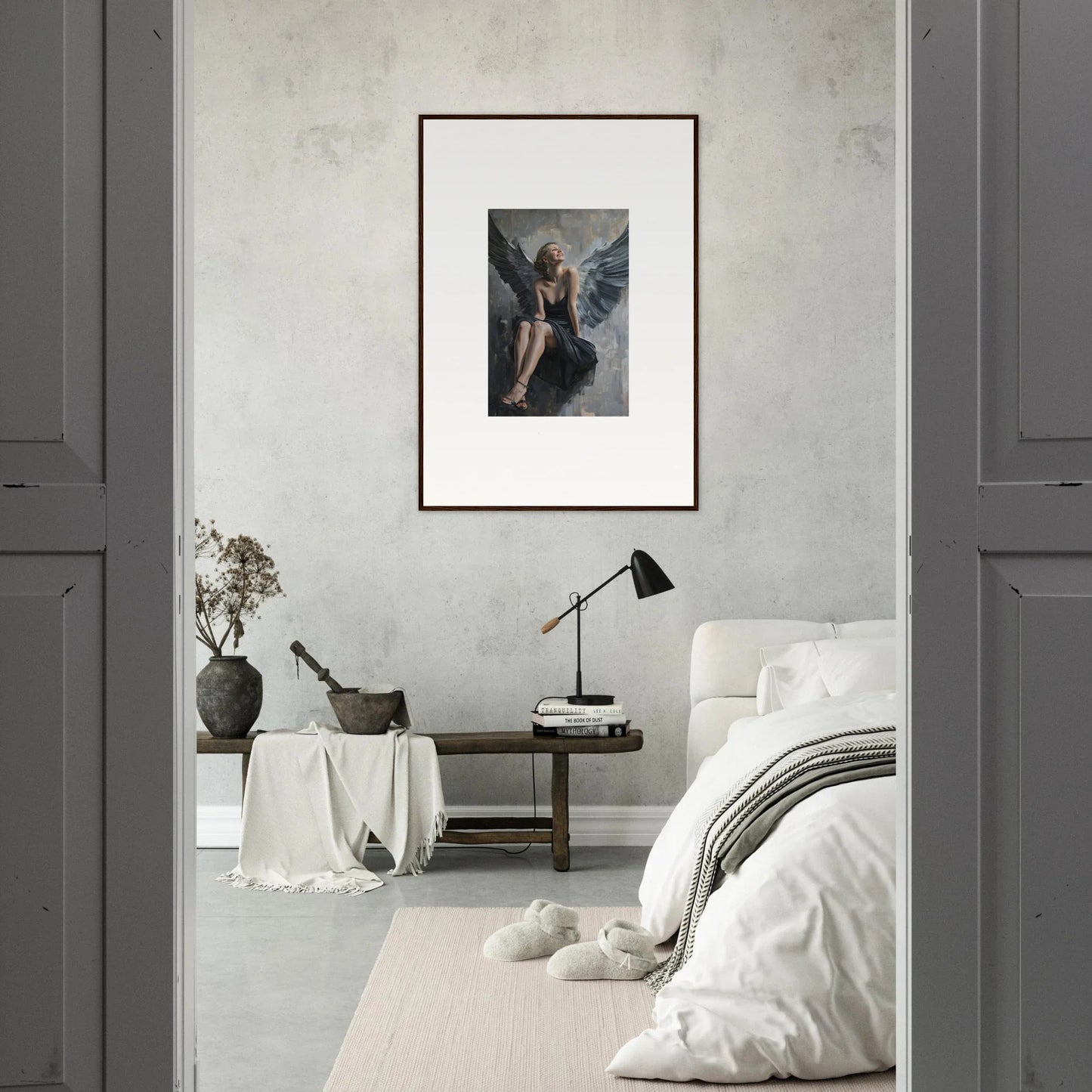 Framed canvas print of a winged figure, perfect for your Reverie Willkommen room decoration