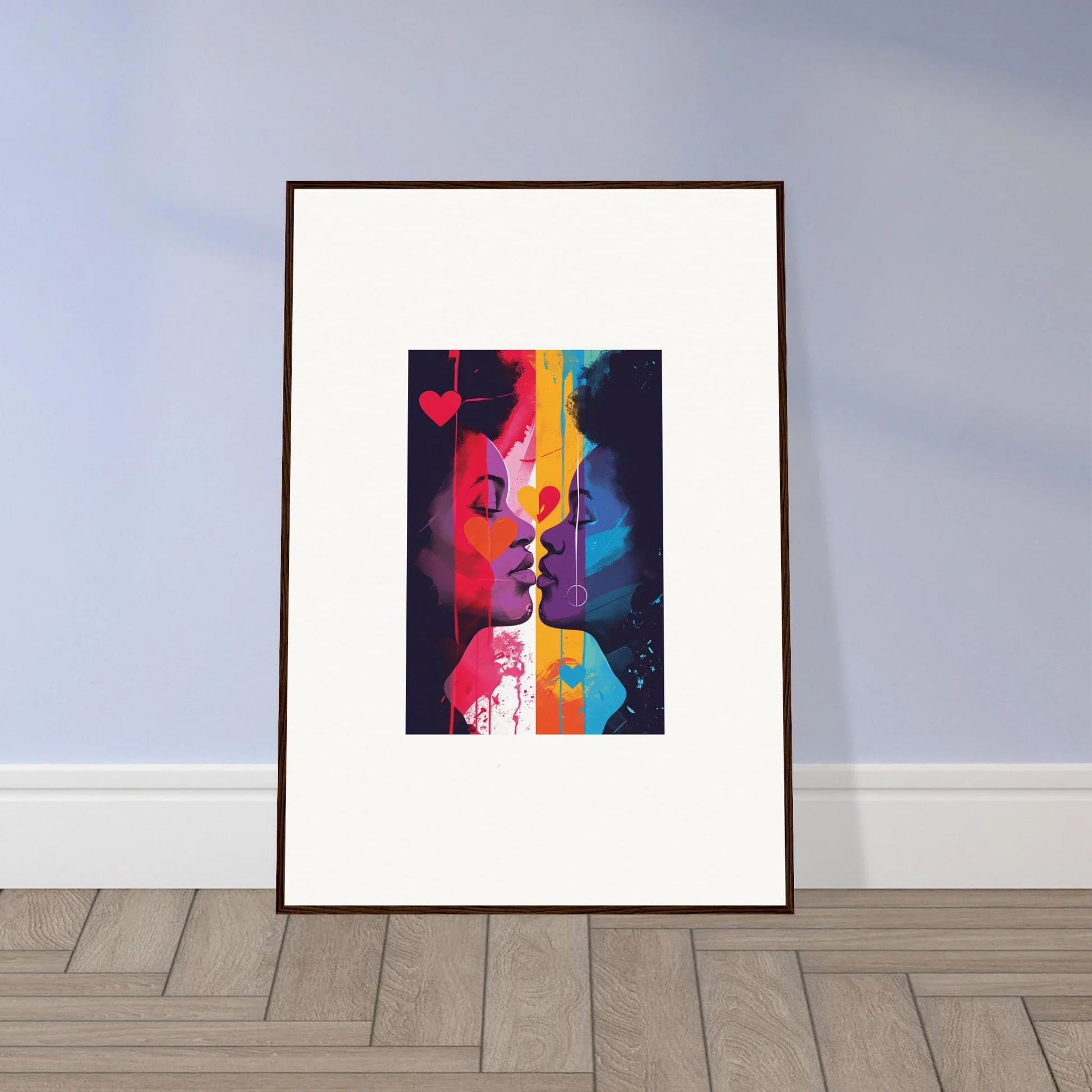 Framed canvas print of colorful silhouettes with heartwave reflection for room decoration