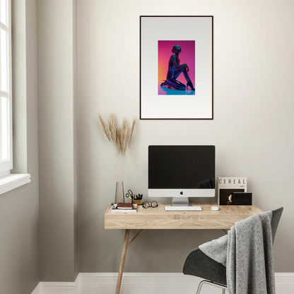 Minimalist home office with a wooden desk, computer, and Neon Vortex canvas print