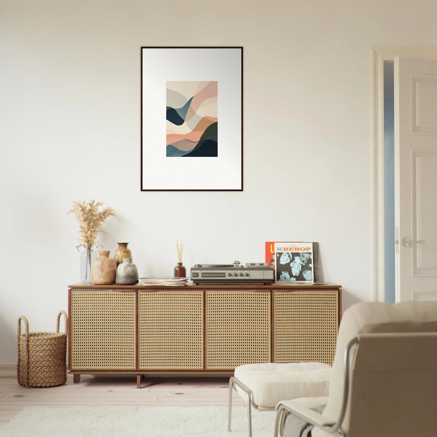 Stylish wooden sideboard with cane doors, perfect for room decoration and wall art